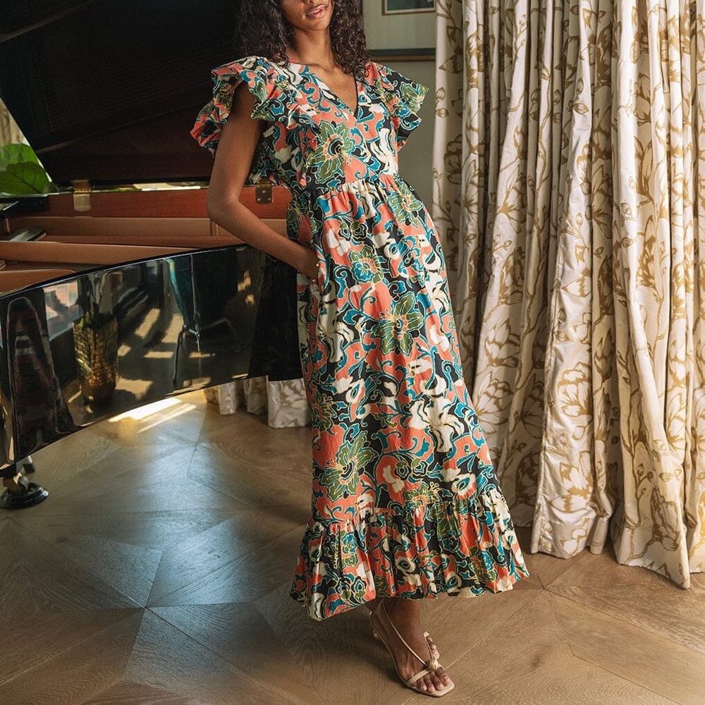CLEOBELLA Barbara Gypsy Bloom Printed Midi Dress Organic Cotton Women's Medium